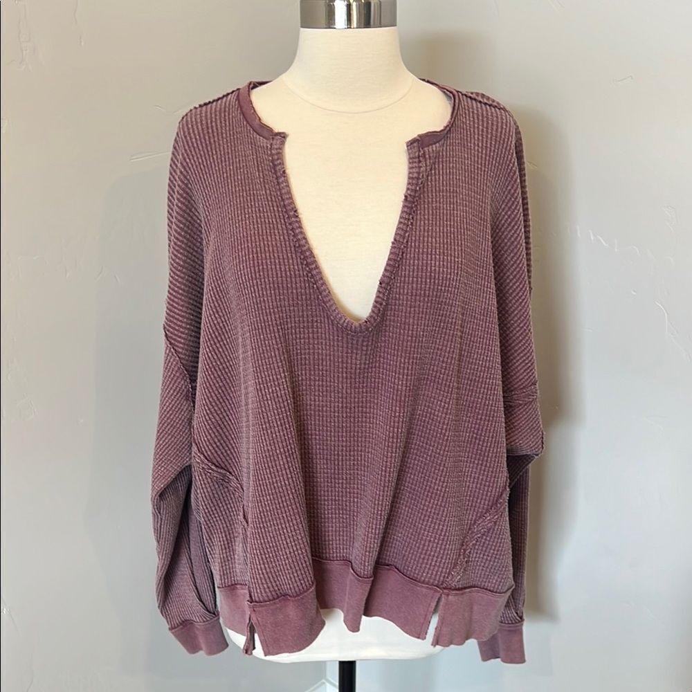 We The Free Mauve Waffle-Knit Deep V Pullover Hoodie